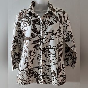 A La Carte Button Down Shirt Ladies Small Brown And White 100% Cotton Euc